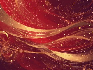 Golden swirls and dots on red gradient backdrop form an exciting abstract wallpaper. Light highlights add charm, ideal for festive times. High - res 3D render.