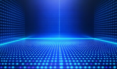 Fototapeta premium A glowing blue digital grid background with luminous connections and dots, representing digital technology, a futuristic network, and big data visualization.