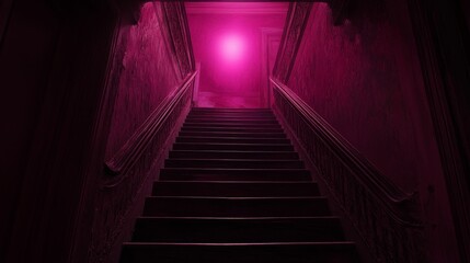 Dark, ornate staircase ascends to glowing pink light.