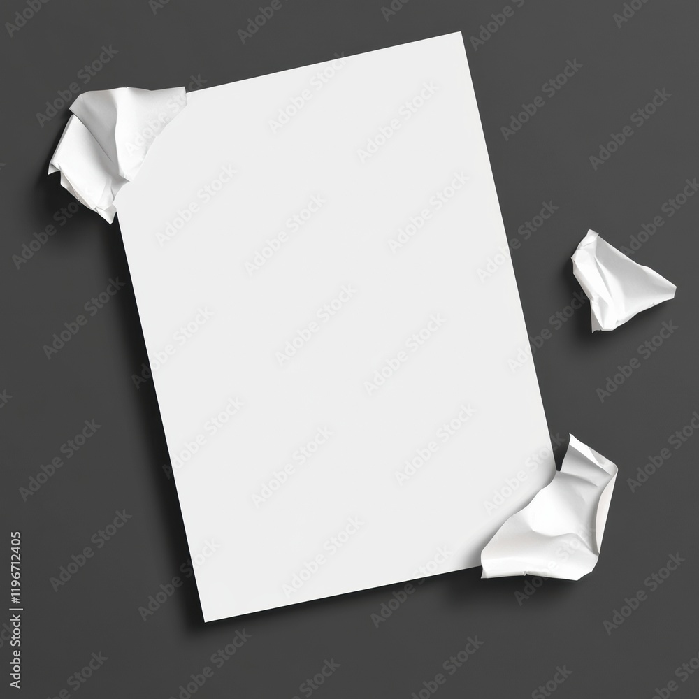 Poster blank paper with crumpled corners on dark background suitable for creative design and text placement