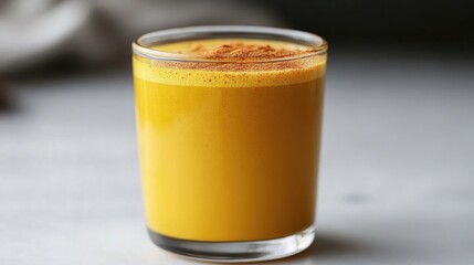 Bright golden drink topped with sprinkle of spice, inviting and