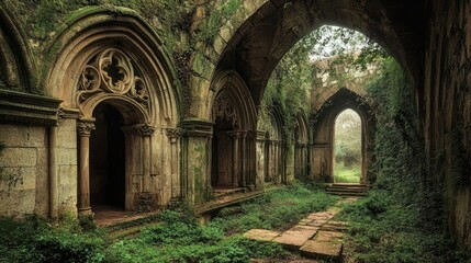 Naklejka premium A mystical ancient monastery with intricate stone carvings and overgrown vegetation, revealing cryptic hallways and hidden chambers