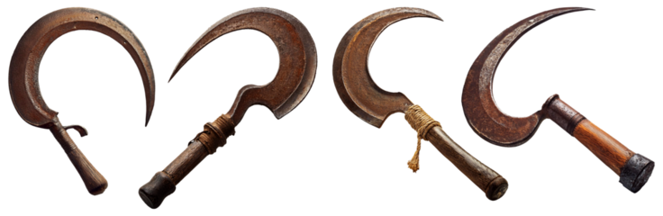 Collection and variation of a group of old rusty sickles with wooden handle, 19th century, isolated on transparent or white background. Png. Generative Ai.