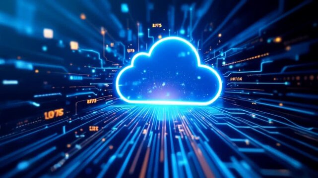 Glowing cloud computing data stream, digital network, futuristic technology, server background, website banner