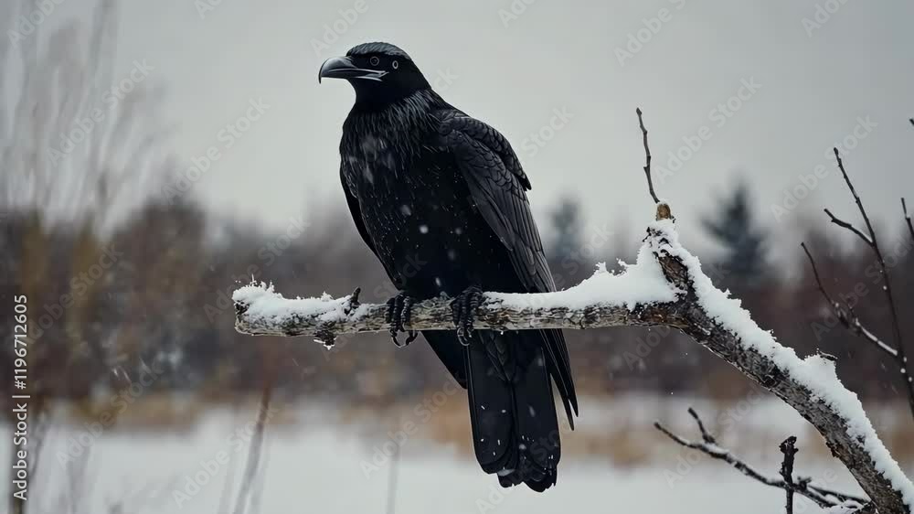 Poster raven perched on snowy branch during winter snowfall in a tranquil forest setting