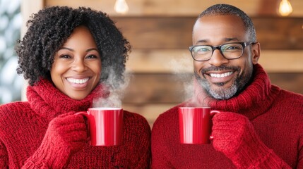 Smiling couple in red sweaters holding steaming mugs indoors. Cozy winter concept