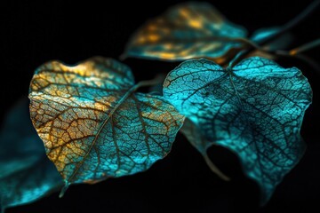 Fototapeta premium Leaves with intricate patterns illuminated in blue and gold tones against a black background, showcasing natural beauty and artistic nature photography.