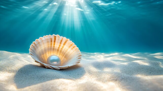 Seashell with White Pearl on Ocean Floor &ndash; A Serene and Magical Underwater Masterpiece