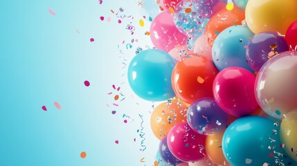 Festive balloon border composition, rainbow colored party balloons, dancing confetti pieces, curling ribbons, clean celebration design, lightweight party elements, soft shiny surface
