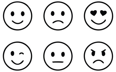 Set of vector smiley icons. Emoticons. 6 black and white isolated emotion symbols
