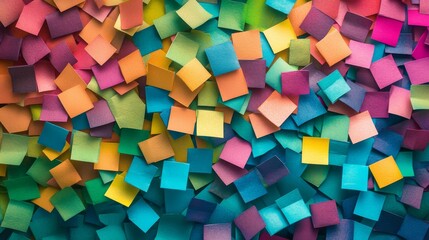Vibrant rainbow paper confetti texture, densely layered multicolored square pieces, scattered geometric paper fragments, kaleidoscopic celebration background, intense festive pattern, high saturation