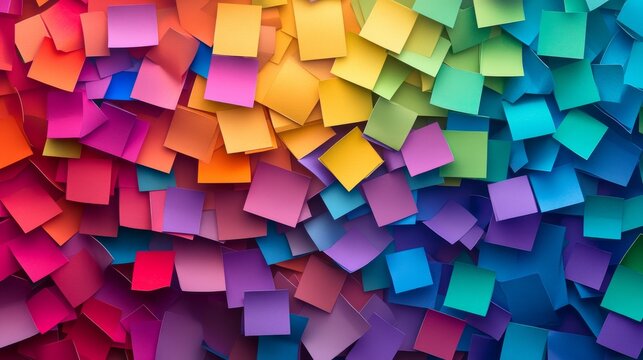 Vibrant rainbow paper confetti texture, densely layered multicolored square pieces, scattered geometric paper fragments, kaleidoscopic celebration background, intense festive pattern, high saturation