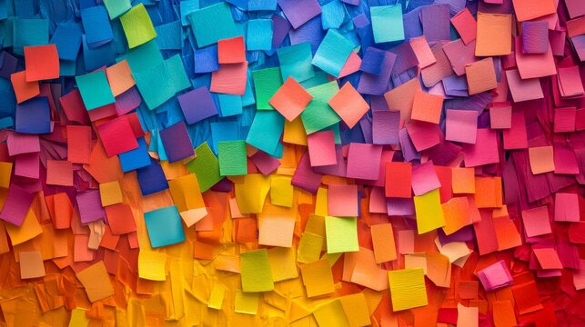 Vibrant rainbow paper confetti texture, densely layered multicolored square pieces, scattered geometric paper fragments, kaleidoscopic celebration background, intense festive pattern, high saturation