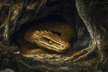 Fototapeta premium Large golden snake rests in dark rock crevice.