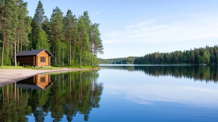 Fototapeta premium Serene lakeside cabin reflecting in calm waters surrounded by trees.