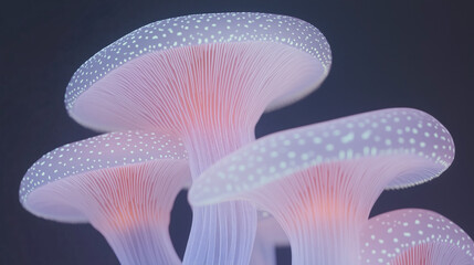 Ethereal Glow: Delicate white and pink mushrooms with intricate details stand in a captivating cluster, bathed in a soft, ethereal glow.