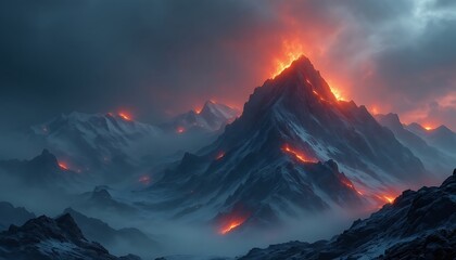 Fiery Volcanic Mountains Dramatic Winter Landscape Digital Art