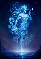 An Aquarius constellation shining with stars. Celestial figure pouring stars from a glowing vessel at night.