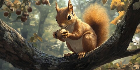 Obraz premium A squirrel holding a nut, sitting on a tree branch
