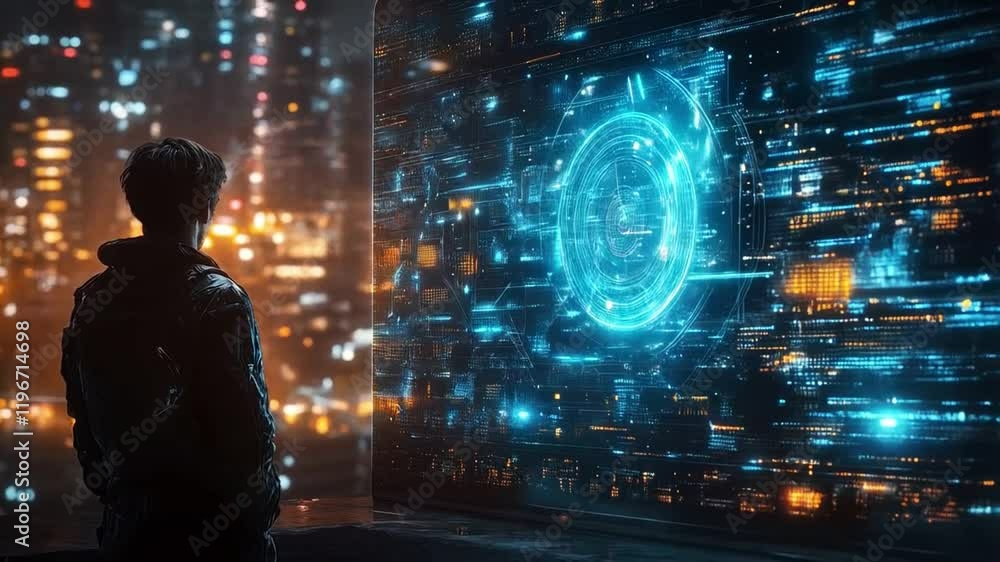 Poster A person stands in front of a glowing digital interface while overlooking a vibrant cityscape at night.