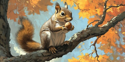 A squirrel holding a nut, sitting on a tree branch