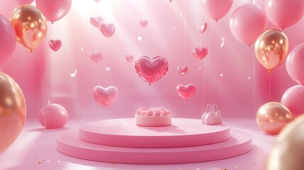 Elegant valentine promotional scene, pink circular stage platform, artisanal dessert presentation, floating balloons in heart shapes, premium retail bag accessory, scattered heart elements, soft