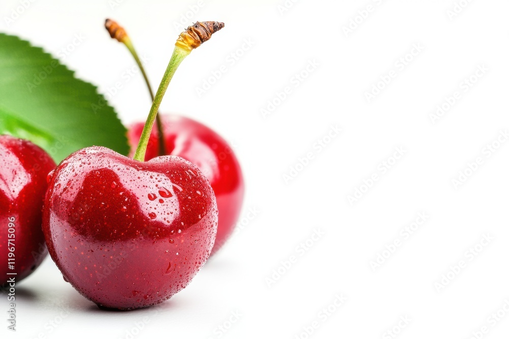 Poster fresh cherries with dew drops on a white background creating a perfect space for text and design. ge