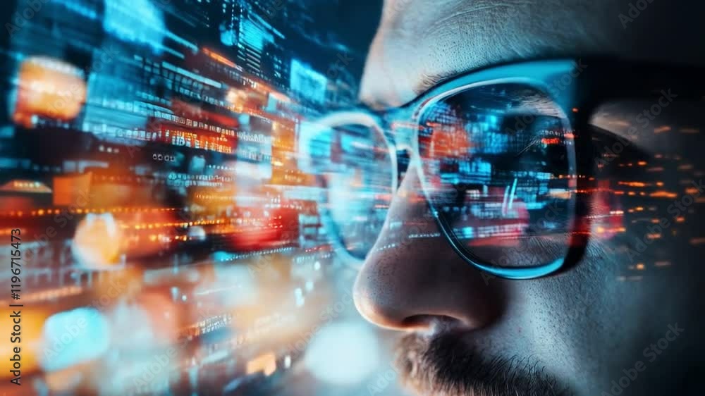 Poster A close-up of a person in glasses, immersed in a vivid digital world with flowing data, showcasing the fusion of technology and cyber defense.