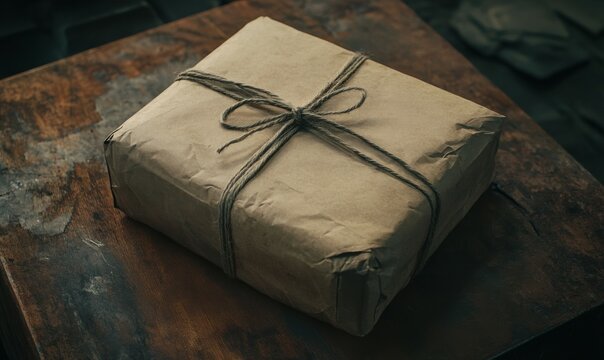 A parcel wrapped in brown paper and tied with brown string, perfect for use as a prop or element in different scenes.