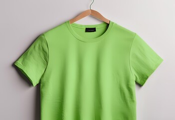 Blank green t-shirt mockup on gray background.