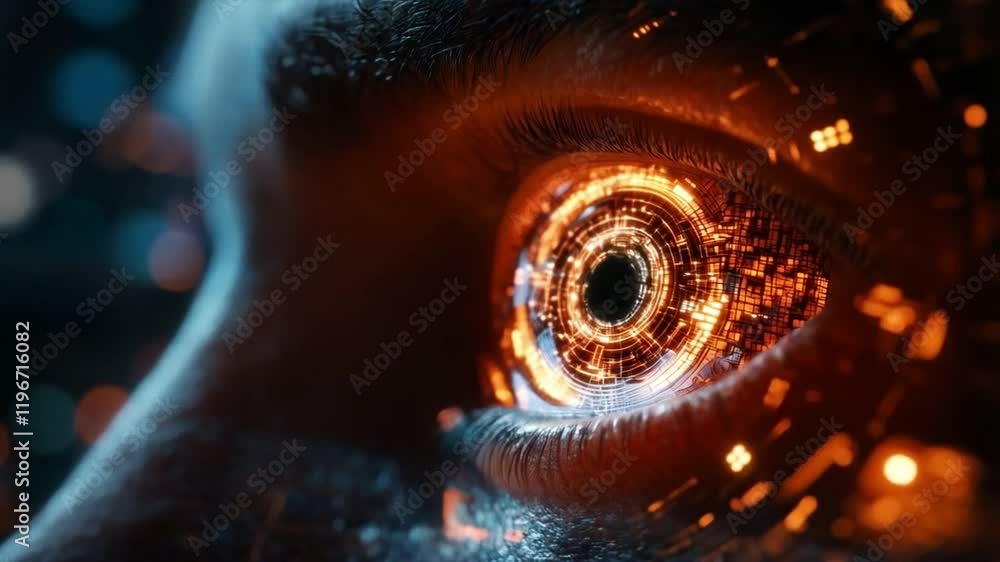 Poster a striking visual of cyber defense shows an eye filled with glowing circuits and digital elements, h
