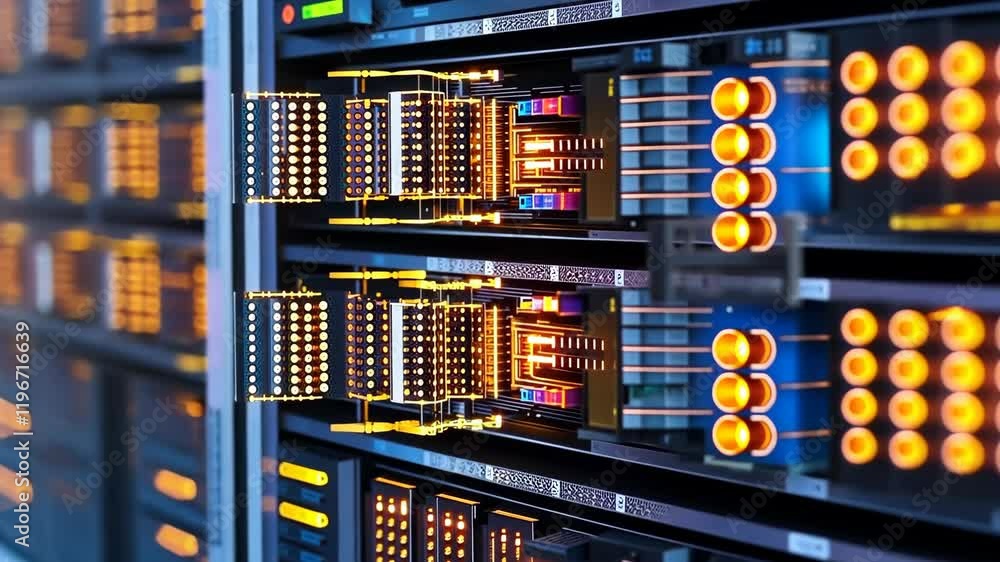 Poster Intricate Patterns of Server Rack Lights Illuminating High-Tech Data Center System