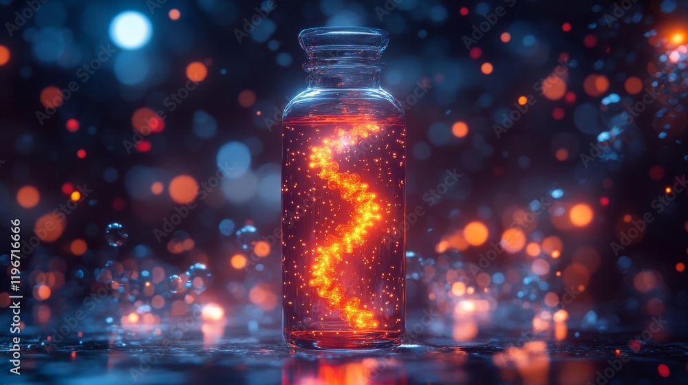 Poster glowing strands of liquid in a vial illuminated by soft light in a darkened environment