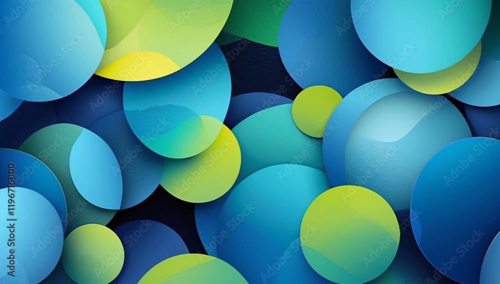 Poster abstract artwork showcasing a vibrant arrangement of overlapping circular shapes in blue and green h