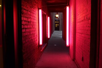 Obraz premium Red-lit brick alleyway, glowing tubes.