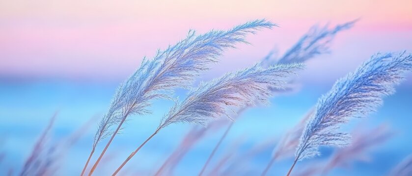 Pampas grass swaying in the wind against a colorful sunset sky, creating a serene and tranquil landscape for nature lovers and photographers. - Powered by Adobe