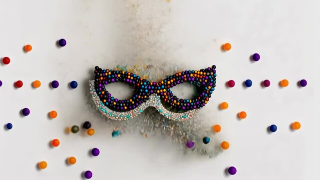 Mask made of beads and a white background. The mask is purple and orange