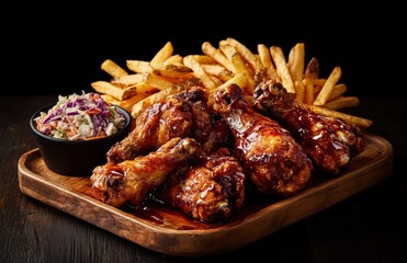 Delicious chicken wings served with fries and coleslaw in a platter