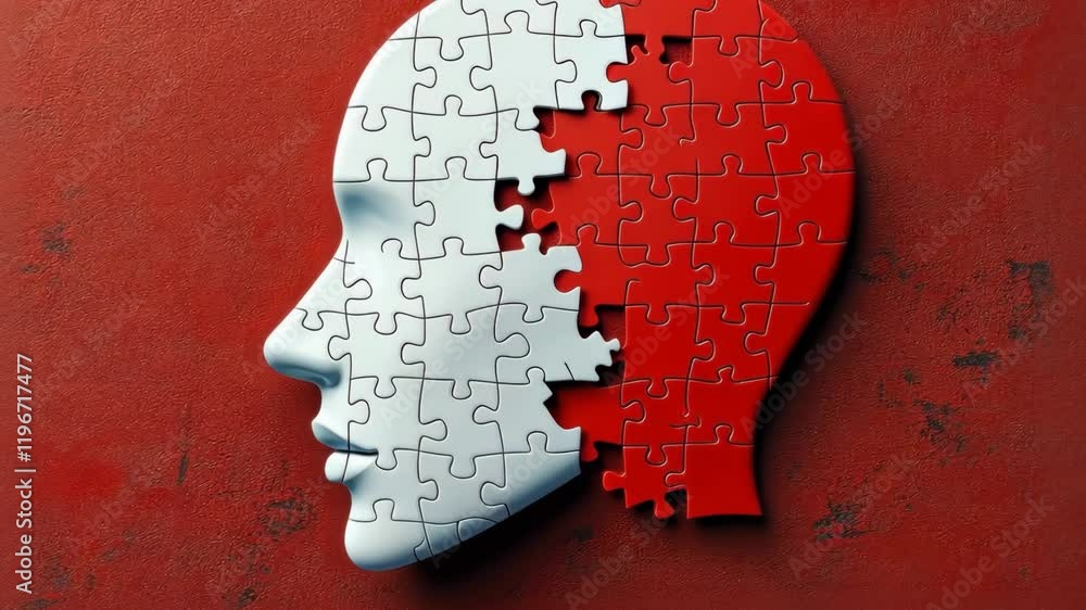 Poster puzzle of a head with a red and white border. the puzzle is incomplete, with the white part missing.