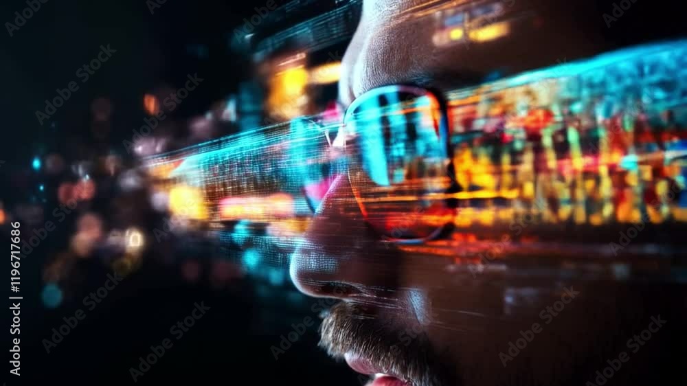 Poster a person wearing glasses experiences immersive augmented reality, showcasing vibrant data overlays t