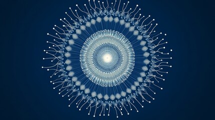 Fototapeta premium Crystalline firework patterns, deep blue nighttime gradient, precise circular light formations, dotted ray designs, minimalist white explosions, geometric celebration motif, contemporary graphic