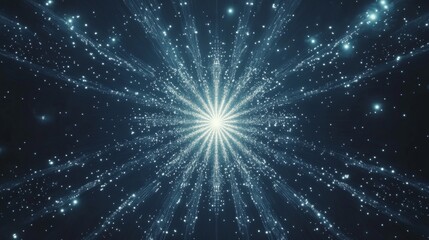 Fototapeta premium Synchronized geometric light bursts, midnight blue atmospheric background, detailed dotted light trails, clean white starburst patterns, modern minimalist firework design, symmetrical celebration