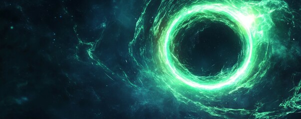 A dynamic green laser ray, glowing with power and sparkle, bursts forth from a modern circular background
