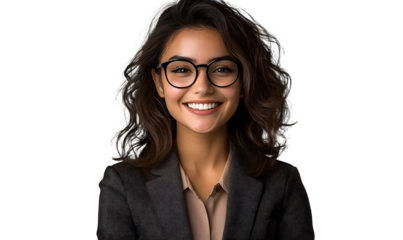 Portrait of a beautiful, smiling businesswoman in a suit, wearing glasses, isolated on transparent background