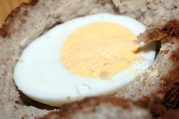 Close up of a Cut Scotch Hen Egg With Whites and Yolk Boiled