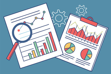 Business analytics, financial charts, magnifying glass, data visualization, graphs and pie charts, statistical reports, market research, blue background, flat design illustration, vector graphics, bus
