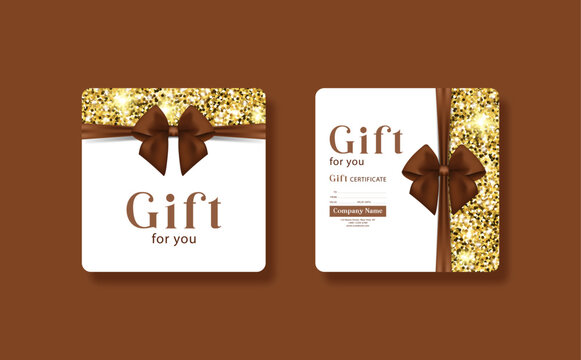 Gift card template with realistic red bow. Certificate, coupon, flyer design. Discount card for shop or boutique. Vector illustration