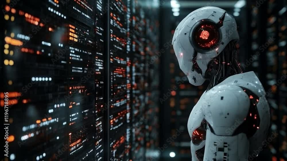 Poster A futuristic robot stands in a high-tech data center, analyzing network traffic amid glowing servers. The setting showcases cutting-edge technology dedicated to cyber defense and security.
