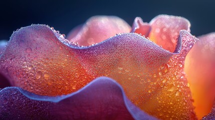 Close-up of Flower Petal with Dew Drops: Intricate Textures and Vibrant Colors