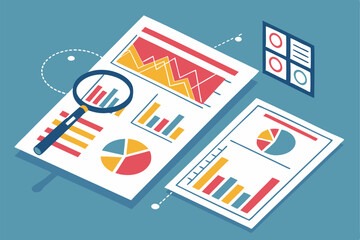 Business analytics, financial charts, magnifying glass, data visualization, graphs and pie charts, statistical reports, market research, blue background, flat design illustration, vector graphics, bus